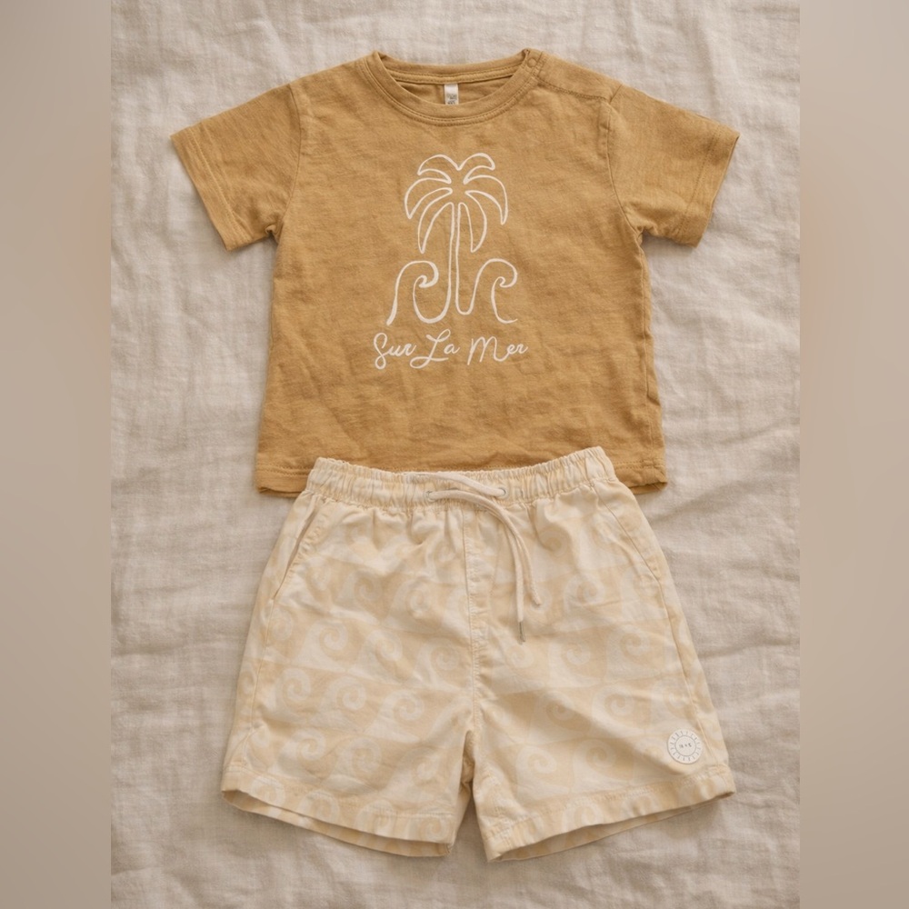 Rylee & Cru Raw Edge Tee Sur La Mer - 4-5Y & Boardshort Waves - 4-5Y